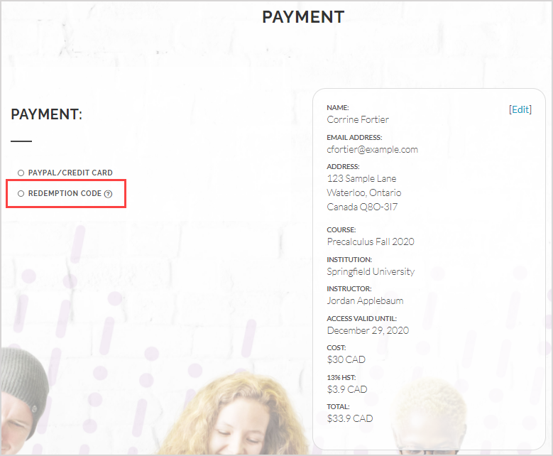 The Redemption Code option is highlighted on the Payment page of the Webstore.